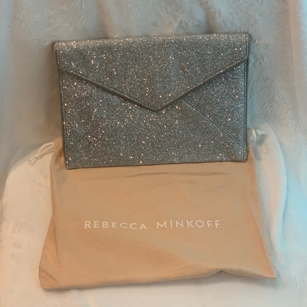 NWT Rebecca Minkoff Silver Glitter Leo Clutch w/ Dust Bag!